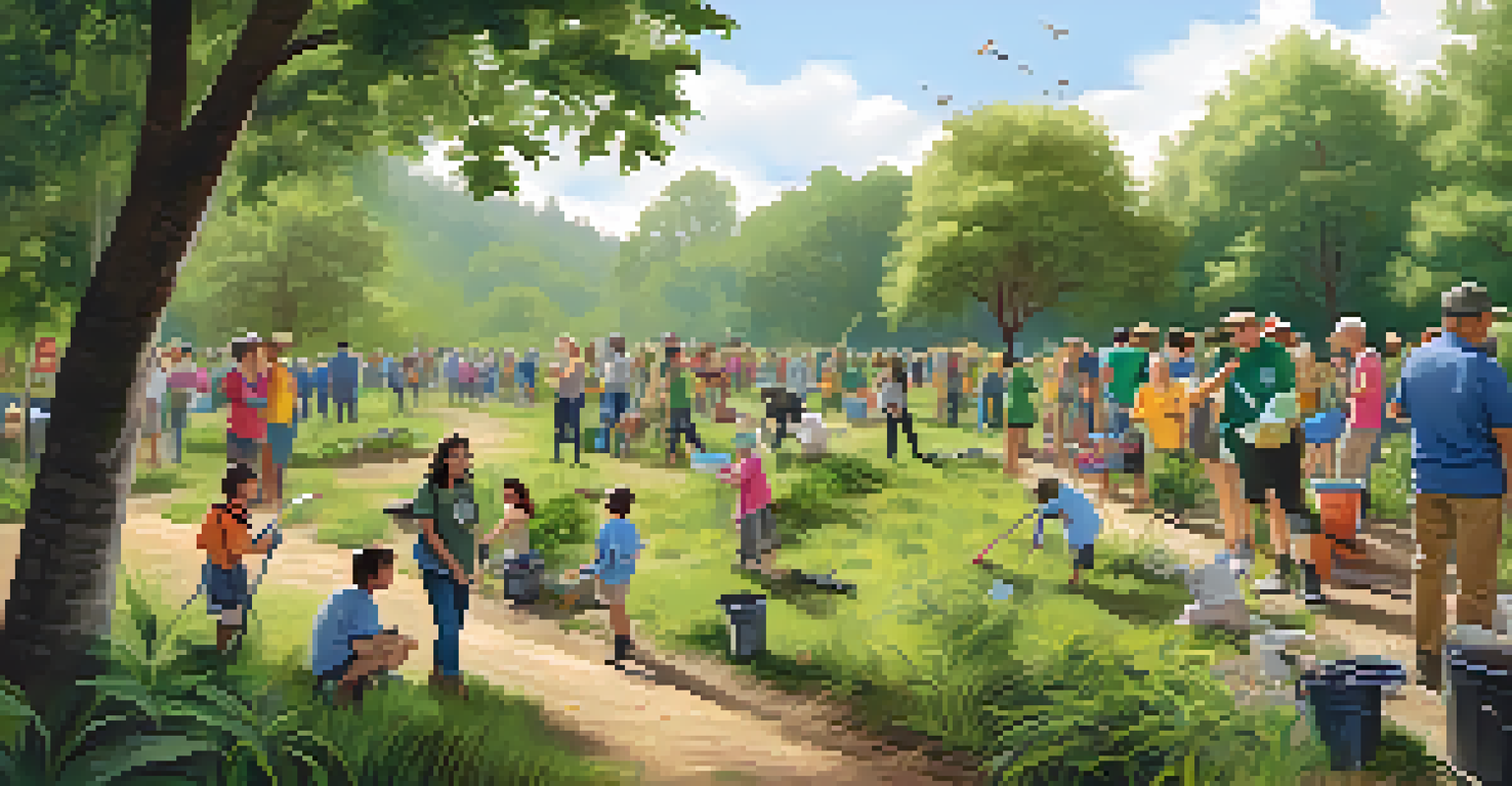 Families and volunteers participating in a community clean-up event at a nature reserve, surrounded by greenery and engaging with wildlife.
