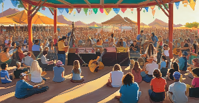 A lively outdoor concert scene at the Tucson Folk Festival with musicians performing on stage and an enthusiastic audience enjoying the music.