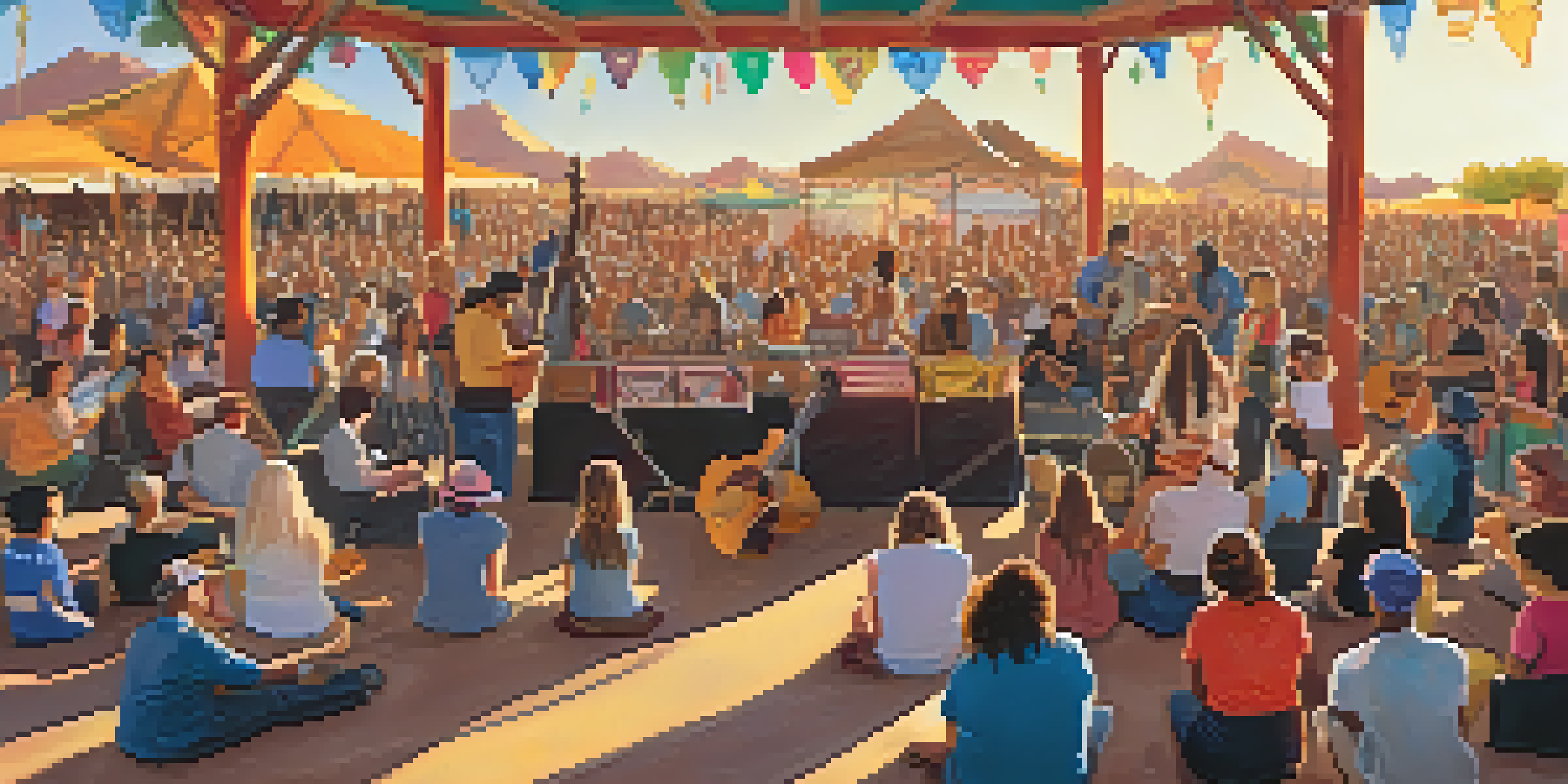 A lively outdoor concert scene at the Tucson Folk Festival with musicians performing on stage and an enthusiastic audience enjoying the music.