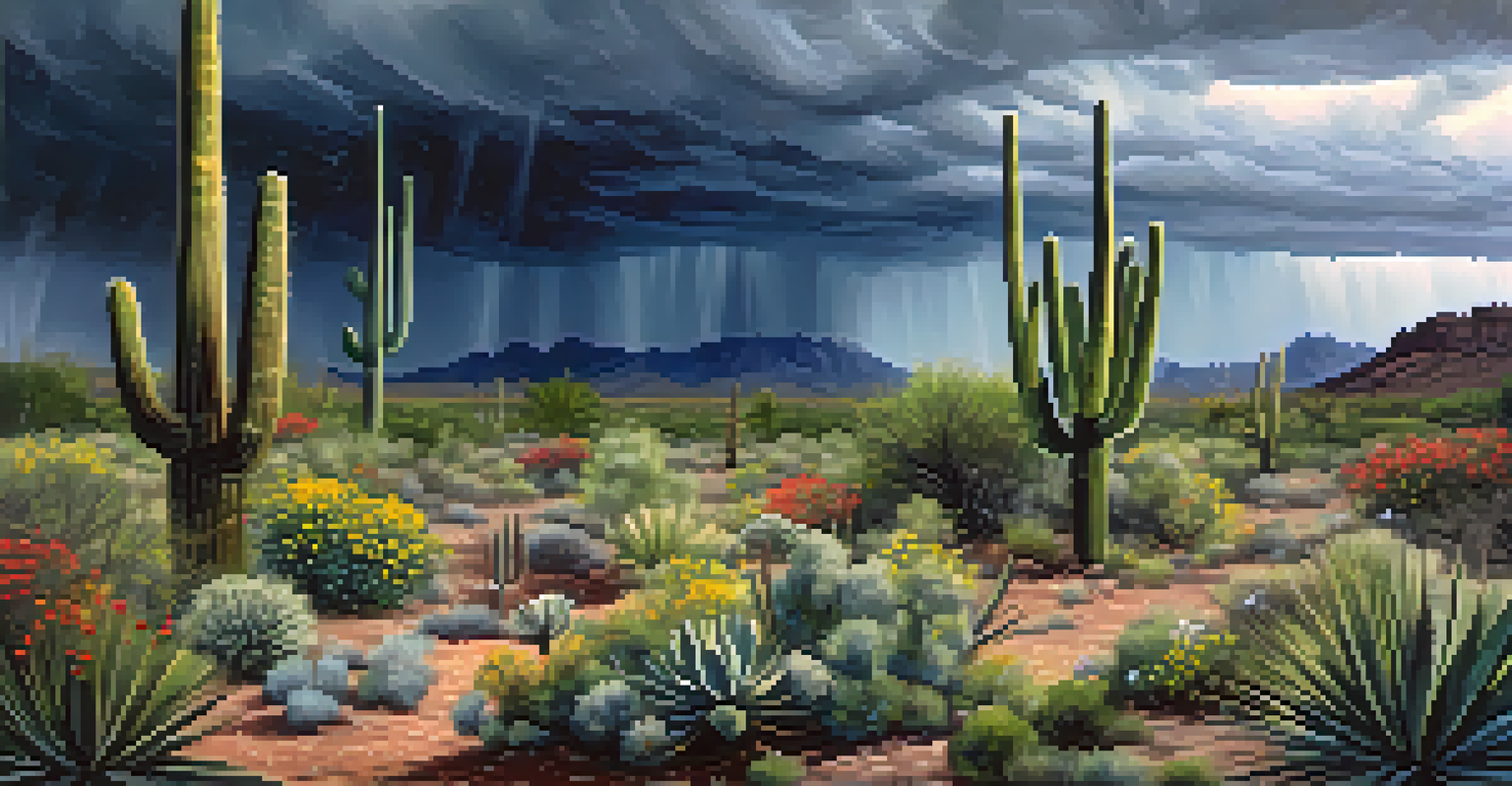 A rainstorm over the Tucson desert, with Saguaro cacti and blooming wildflowers.
