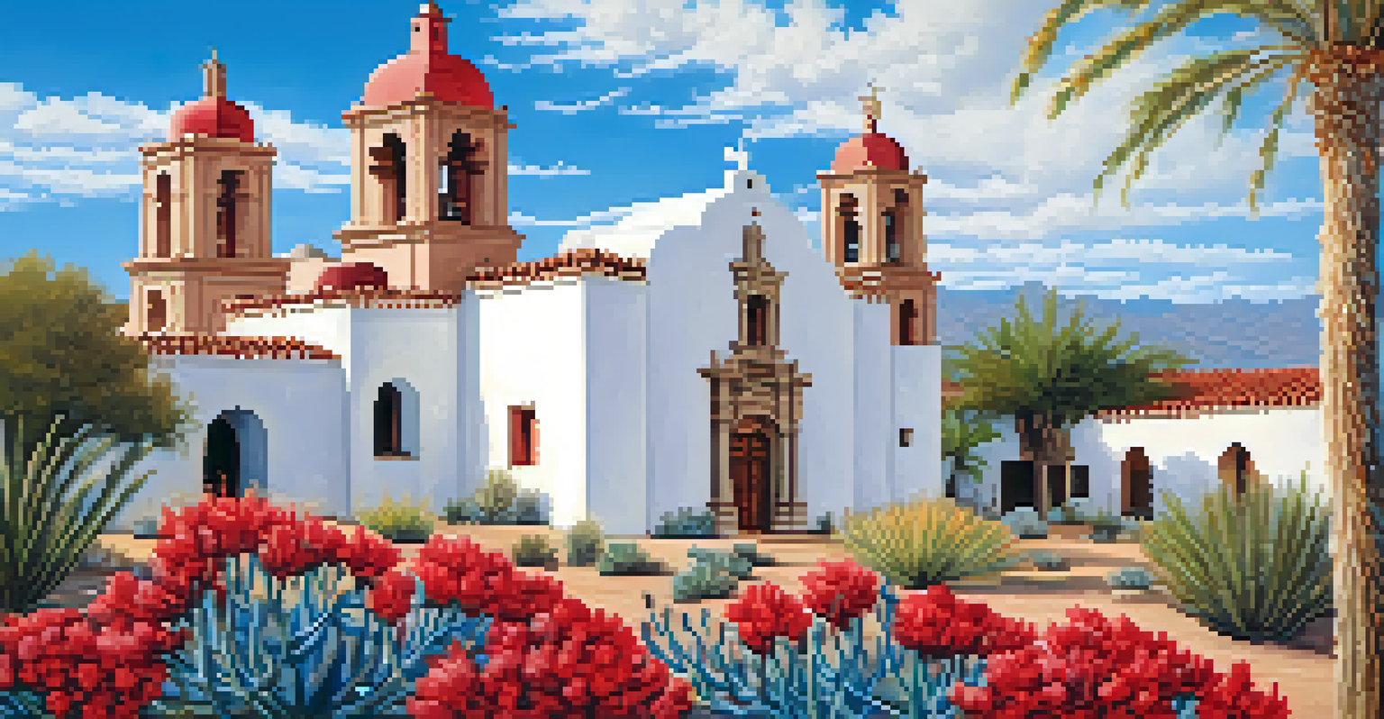 Close-up of San Xavier del Bac Mission showcasing its stucco exterior and red-tiled roof with desert flowers in the foreground.