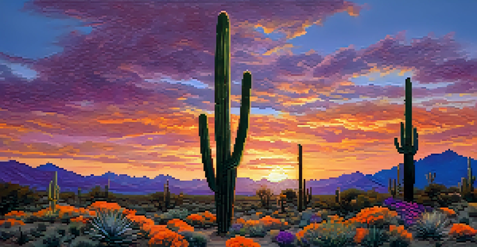 A sunset view over Saguaro National Park with cacti and colorful sky.