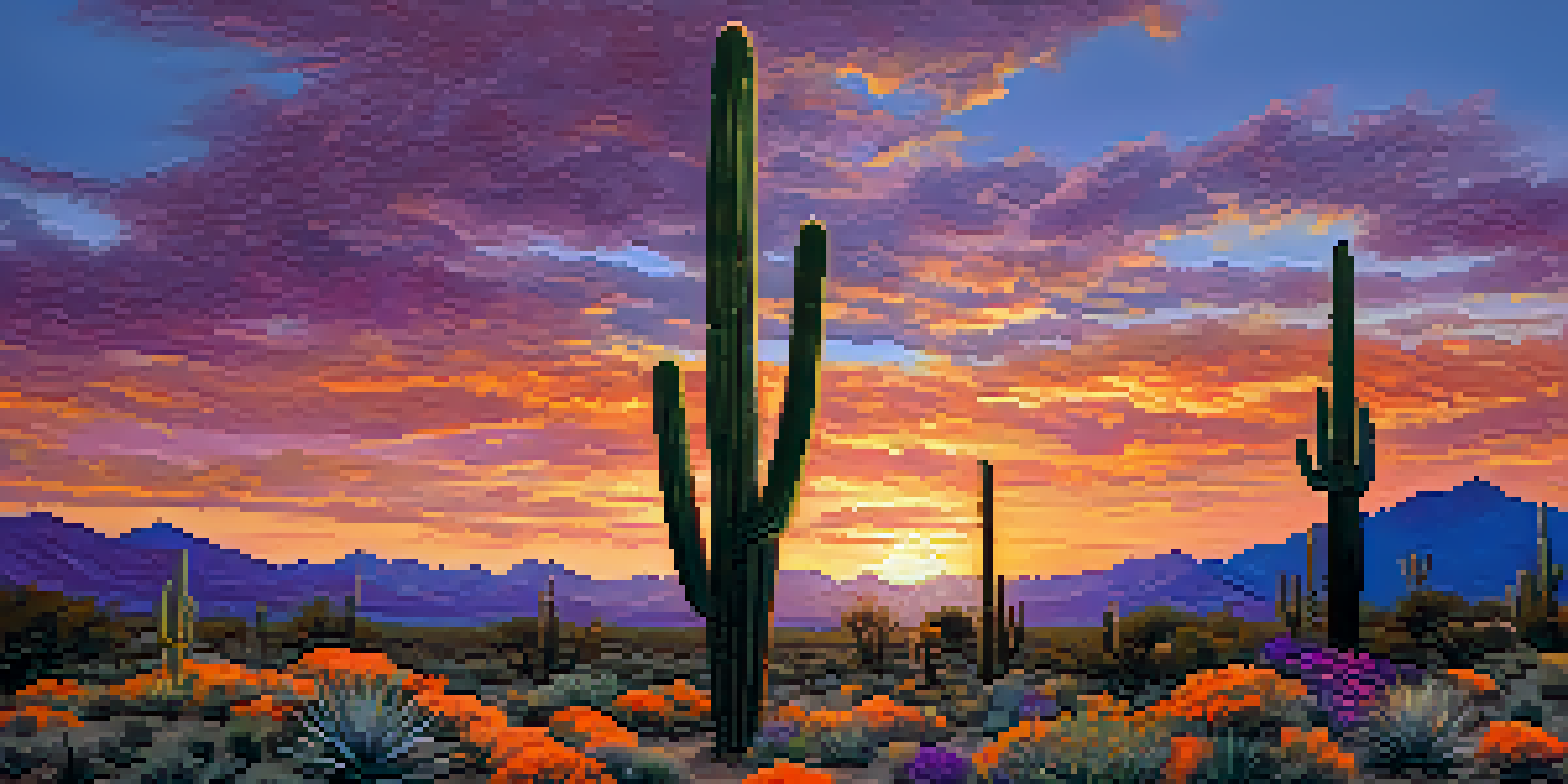 A sunset view over Saguaro National Park with cacti and colorful sky.