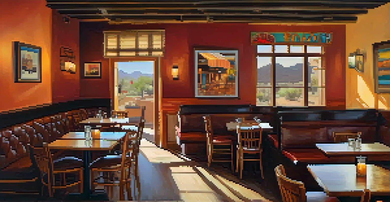 A cozy café interior in Tucson with traditional dishes served on rustic wooden tables, featuring local artwork and diverse patrons enjoying their meals.