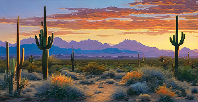 A scenic sunset in the Sonoran Desert with silhouetted saguaro cacti and colorful skies.