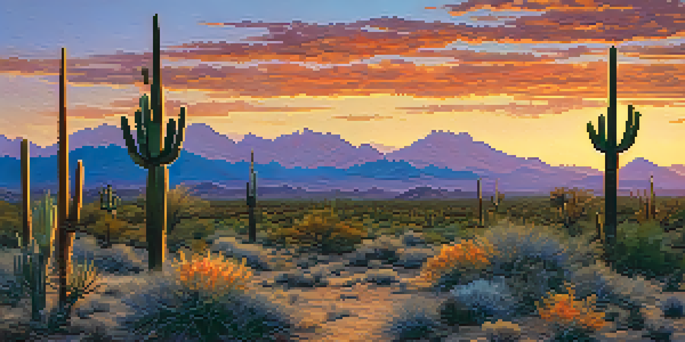 A scenic sunset in the Sonoran Desert with silhouetted saguaro cacti and colorful skies.