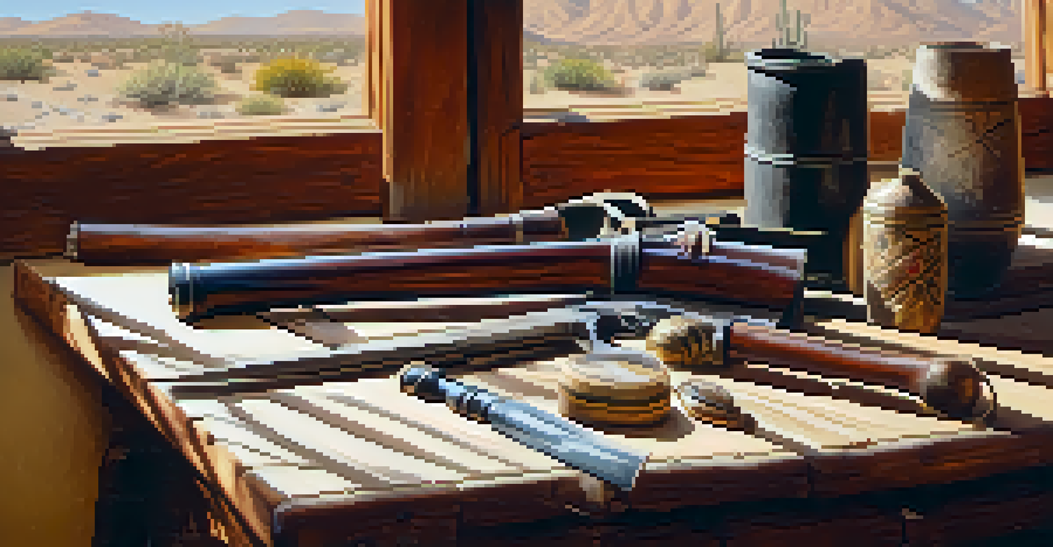 A close-up view of historical artifacts from Tucson during the Mexican-American War, displayed on a wooden table with soft natural lighting.