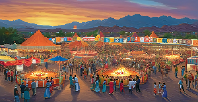 A lively cultural festival in Tucson with people from various backgrounds dancing, colorful decorations, food stalls, and a sunset in the background.