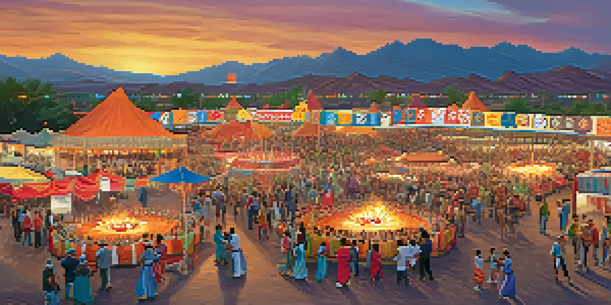 A lively cultural festival in Tucson with people from various backgrounds dancing, colorful decorations, food stalls, and a sunset in the background.