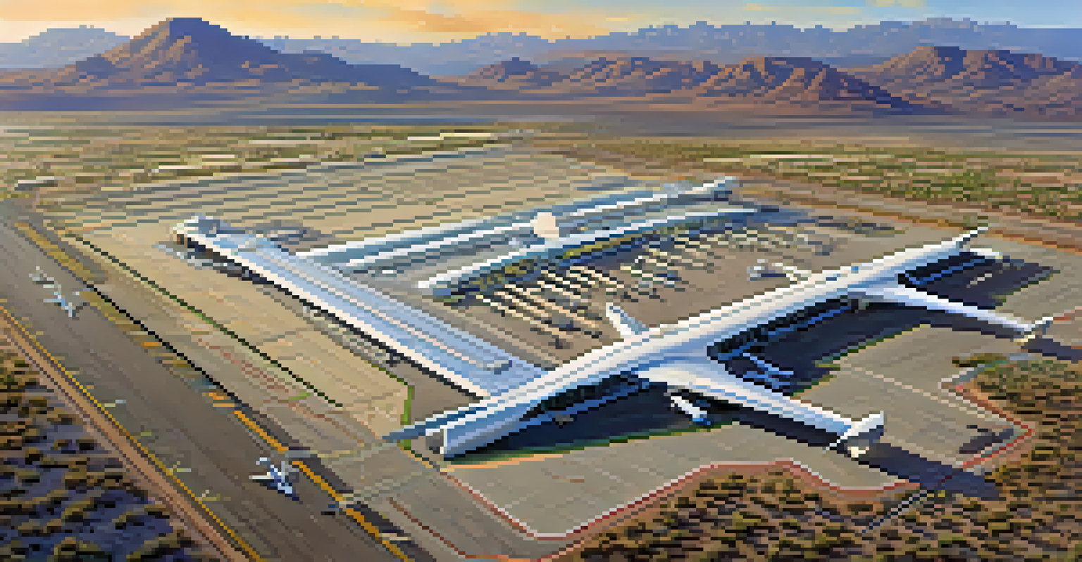 Aerial view of Tucson International Airport surrounded by the Sonoran Desert, showcasing runways and mountains in the background.
