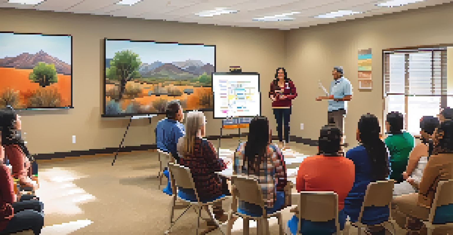 An educational workshop with Indigenous entrepreneurs learning about financial literacy, featuring discussions and a whiteboard.