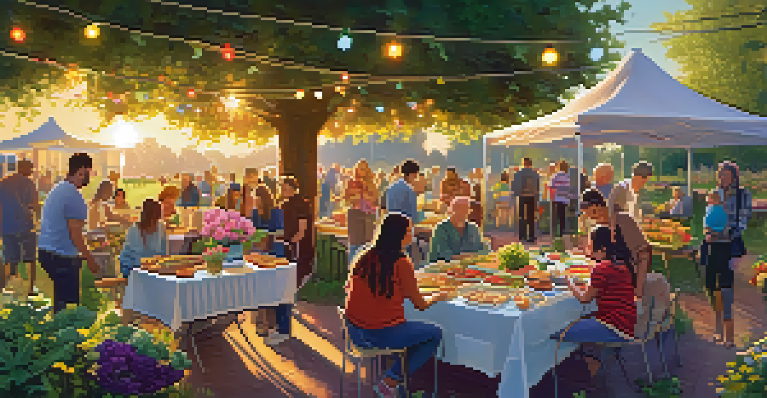 A community garden potluck with people sharing food and stories under strings of lights at sunset.