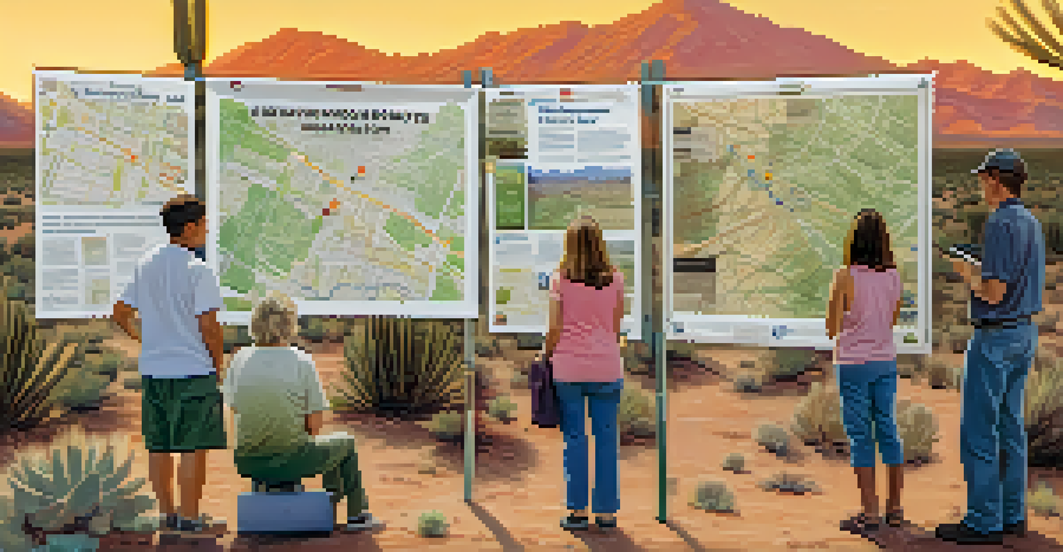 Residents examining evacuation route maps on a community bulletin board in Tucson, surrounded by desert plants and a warm sunset.
