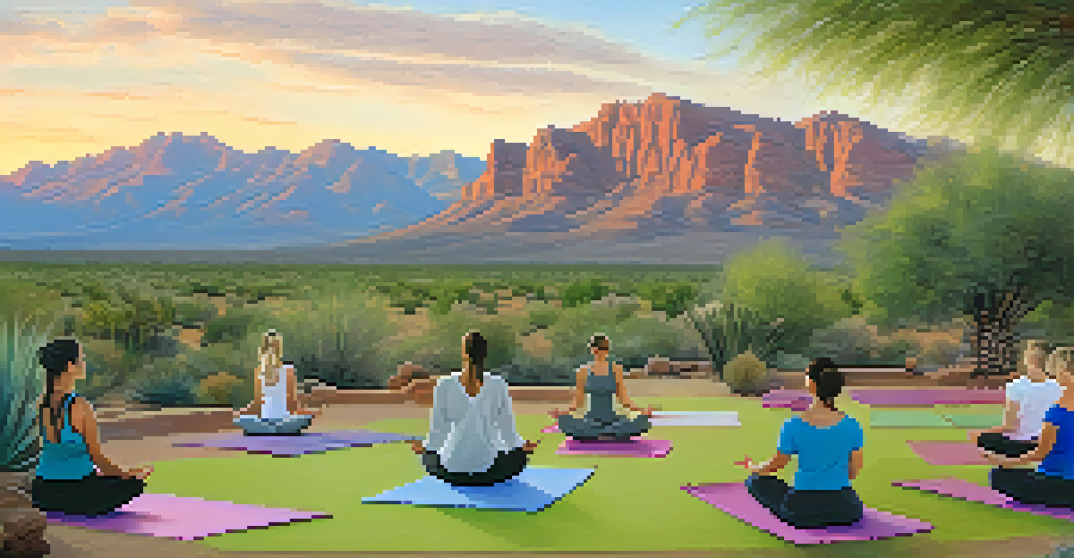 A peaceful outdoor yoga class at dawn in a desert setting with mountains in the background.