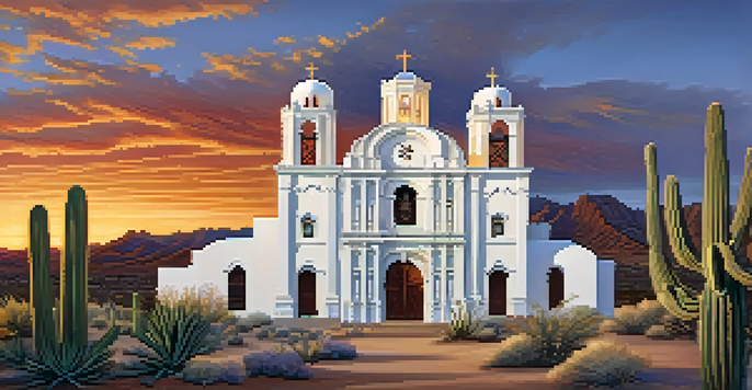 The Mission San Xavier del Bac at sunset, with its white façade glowing and surrounded by desert plants.