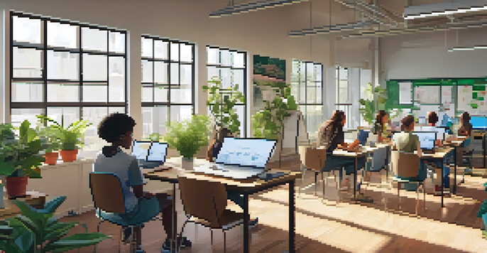 A bright and modern online classroom filled with diverse students participating in virtual learning, with laptops open and motivational posters on the walls.