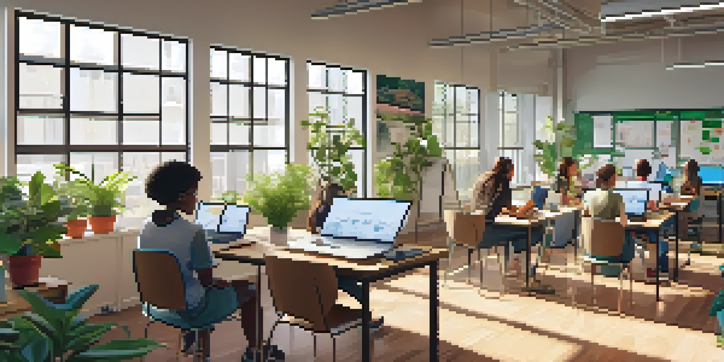 A bright and modern online classroom filled with diverse students participating in virtual learning, with laptops open and motivational posters on the walls.