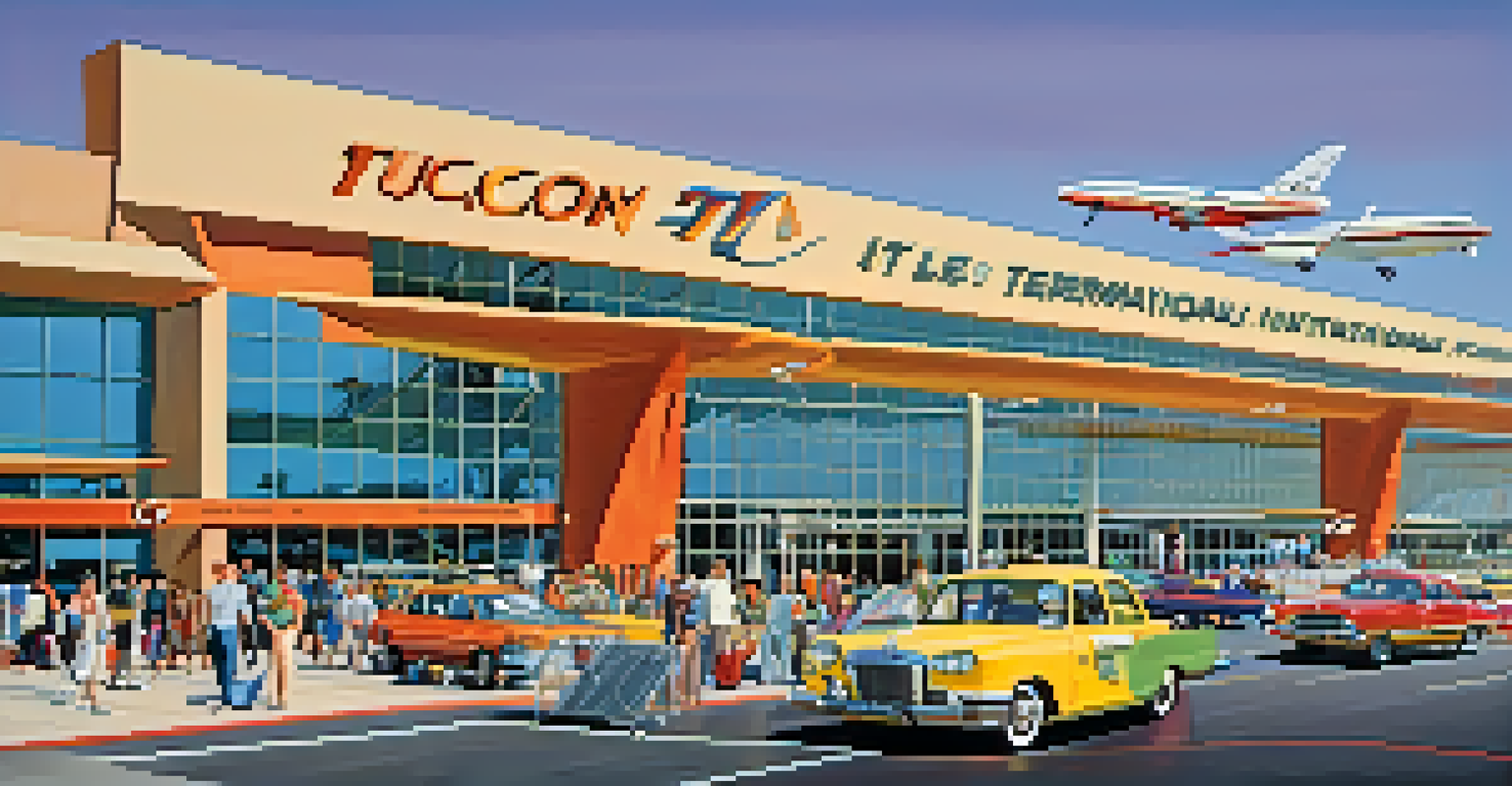 A colorful image of Tucson International Airport in the 1990s, featuring a busy terminal with passengers and modern airplanes.