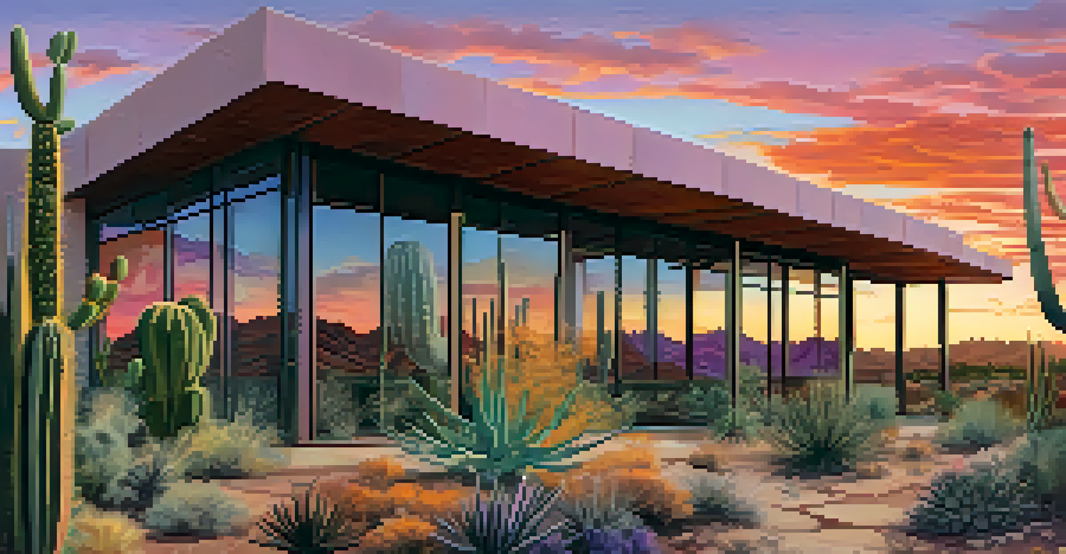 A beautiful sunset view of the Arizona-Sonora Desert Museum with colorful sky and desert landscape.