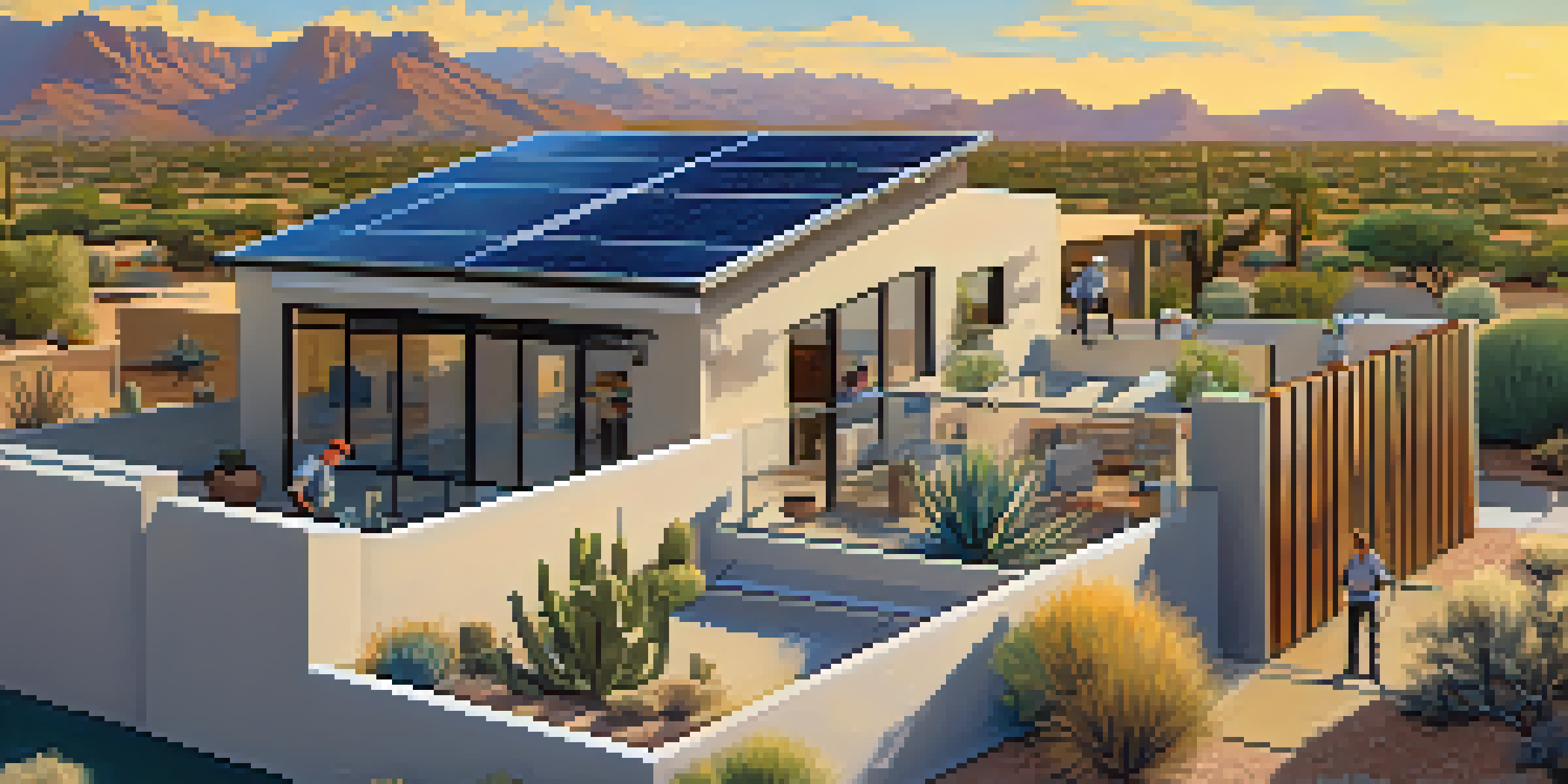 Technicians installing solar panels on a rooftop in Tucson, with clear skies and desert plants in the background.