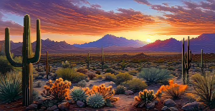A wide view of the Sonoran Desert near Tucson, Arizona, with mountains, cacti, and a colorful sunset sky.