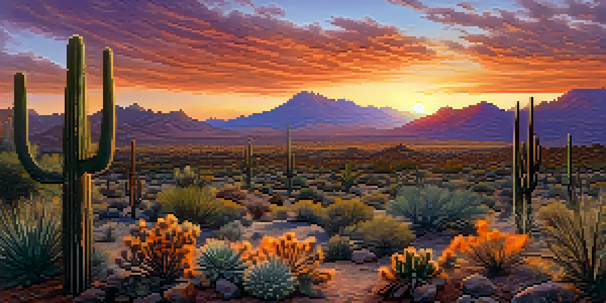 A wide view of the Sonoran Desert near Tucson, Arizona, with mountains, cacti, and a colorful sunset sky.