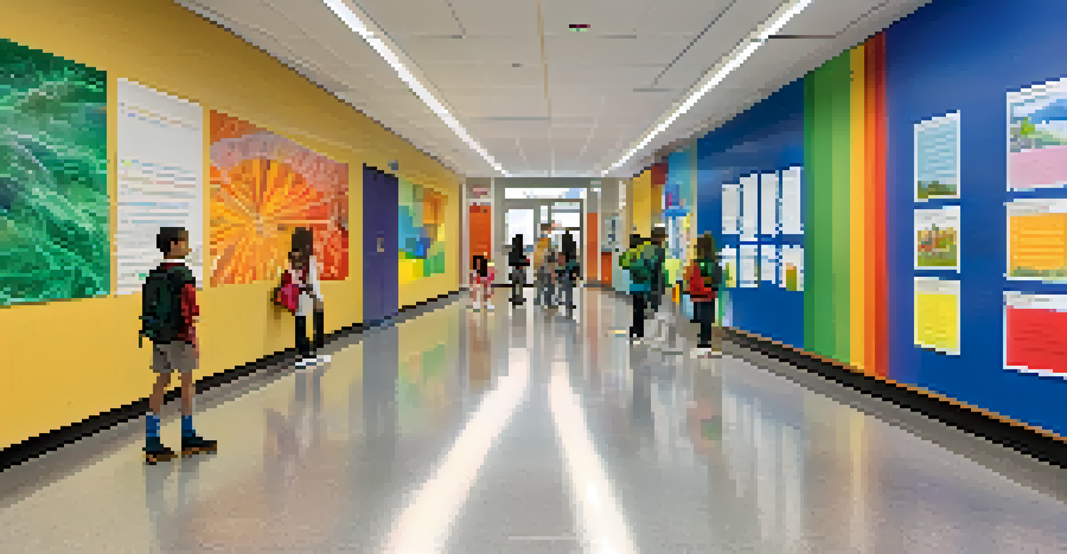 A school hallway displaying students' artwork that creatively represents scientific concepts, with students admiring the colorful displays.