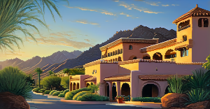 The El Conquistador hotel with the Santa Catalina Mountains in the background during sunset, featuring adobe-style architecture and lush greenery.
