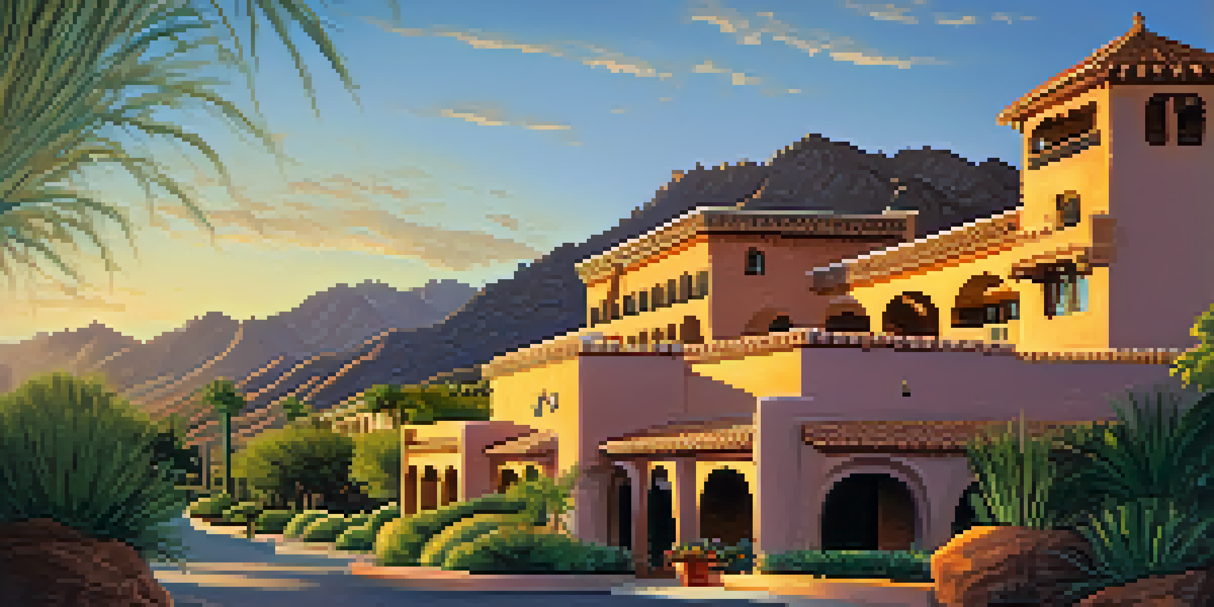 The El Conquistador hotel with the Santa Catalina Mountains in the background during sunset, featuring adobe-style architecture and lush greenery.
