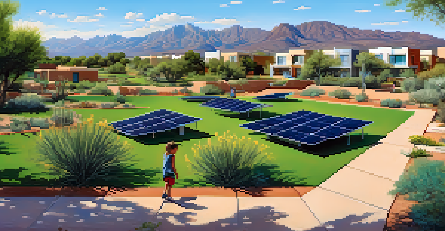 A vibrant Tucson park with children playing, surrounded by native plants, solar panels, and a community garden under a clear blue sky.