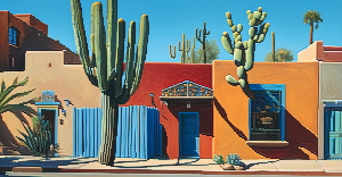A lively street in Tucson with historic adobe buildings, colorful murals, and residents participating in community activities under a clear sky.