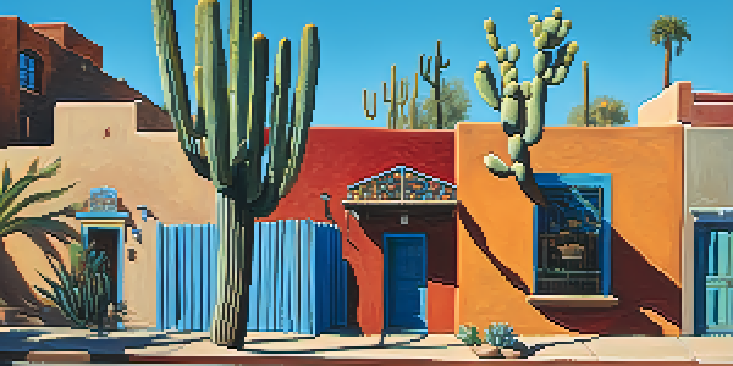 A lively street in Tucson with historic adobe buildings, colorful murals, and residents participating in community activities under a clear sky.