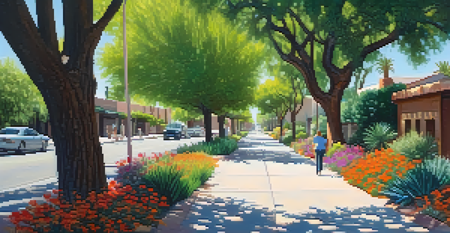A tree-lined street in Tucson with pedestrians walking under the shade of large trees, surrounded by colorful flowers and greenery.
