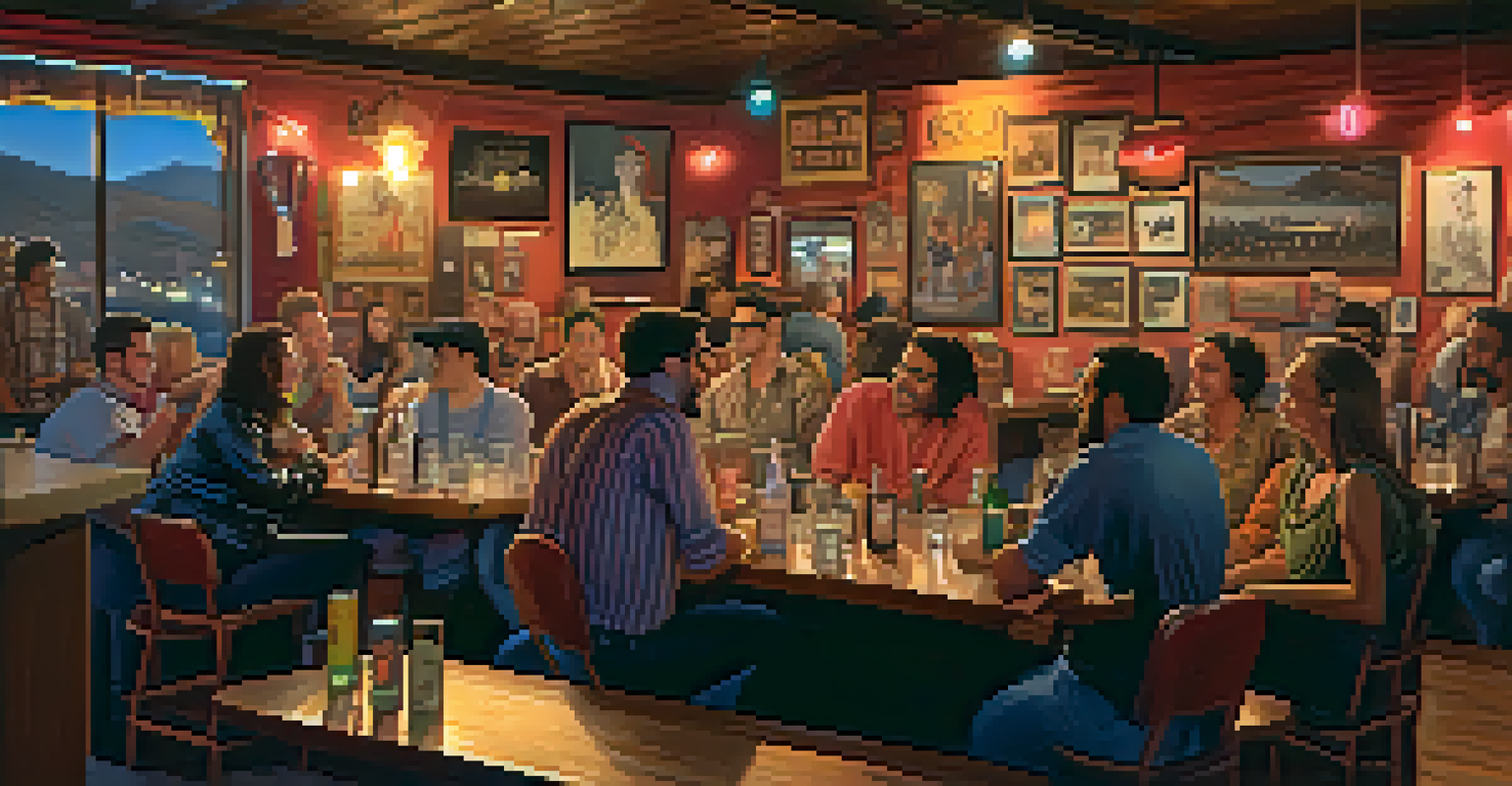 A cozy 1980s LGBTQ+ bar with friends sharing laughter and drinks, showcasing community and support.