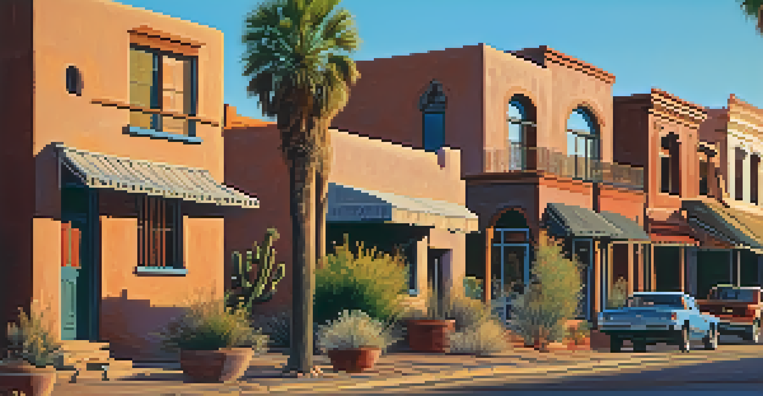 A sunset view of a historic Tucson neighborhood featuring adobe-style buildings and community members enjoying the scenery.