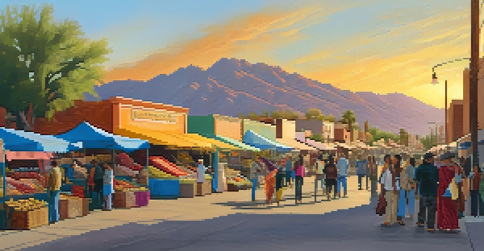 A lively street market in Tucson with diverse vendors and people enjoying the sunset.
