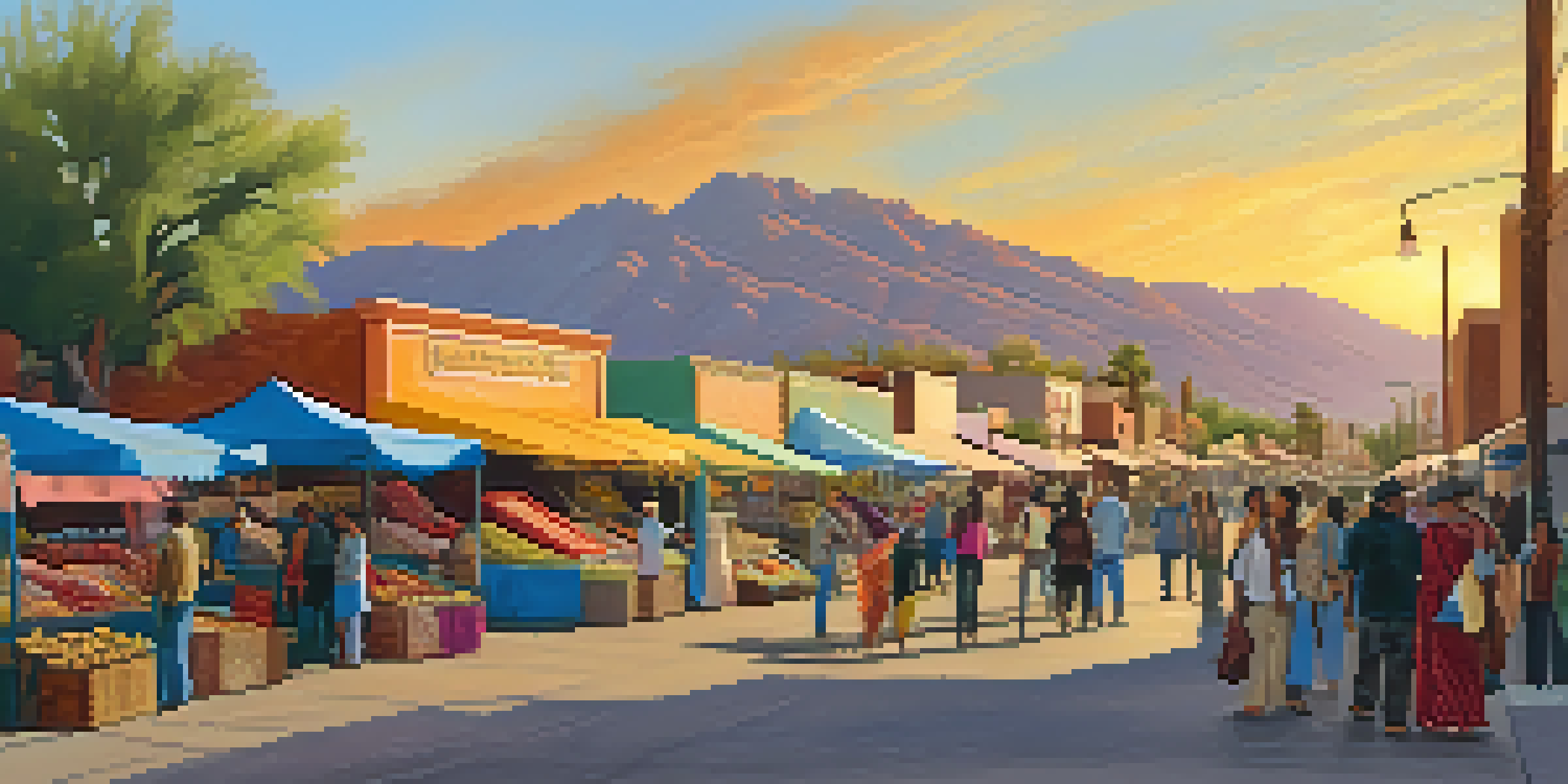 A lively street market in Tucson with diverse vendors and people enjoying the sunset.