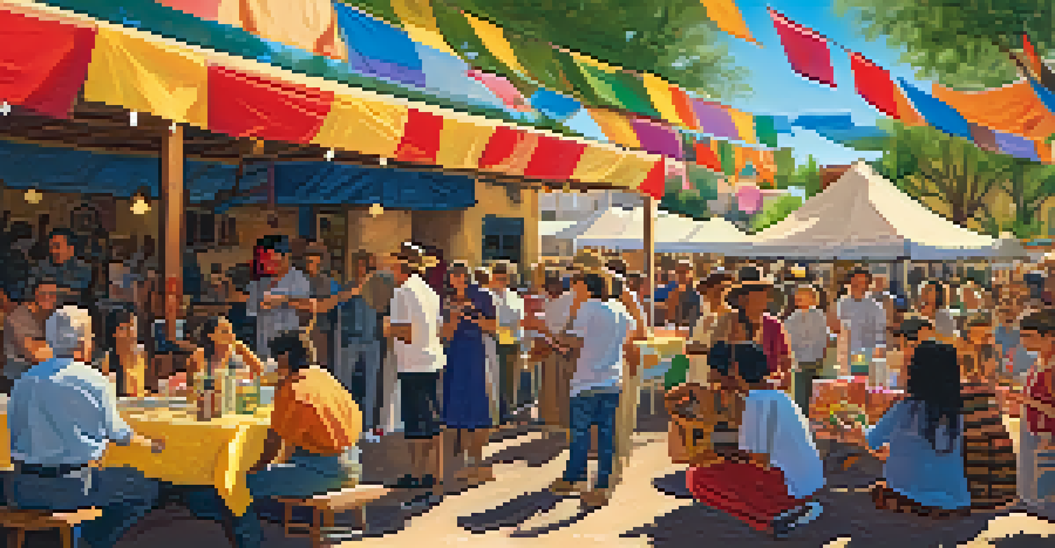 A vibrant outdoor scene of the Tucson Folk Festival with musicians performing and a crowd enjoying the festivities amid colorful decorations.