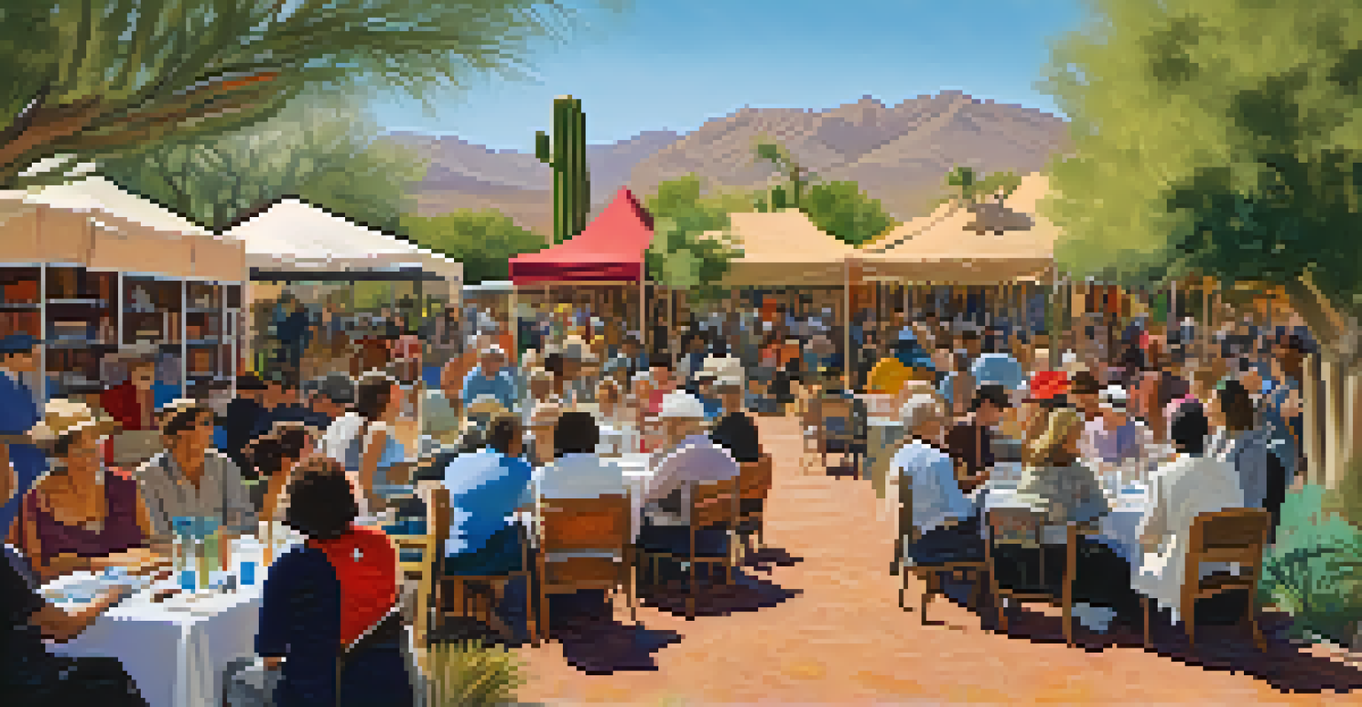 A lively literary festival in Tucson with authors and attendees engaged in discussions amidst books and colorful banners in a garden setting.
