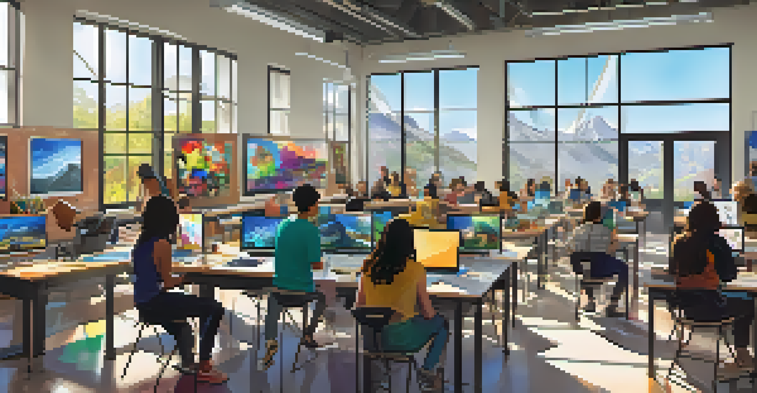 A digital art workshop in a bright classroom with diverse students collaborating on art projects using computers and sharing ideas.