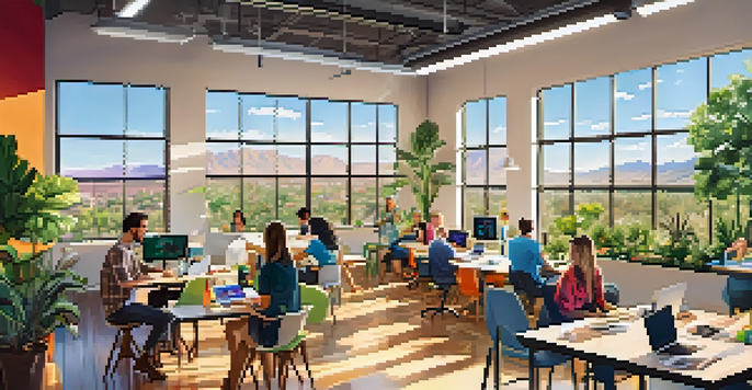 A bright and spacious startup incubator in Tucson with entrepreneurs working together in an open workspace, surrounded by plants and large windows.