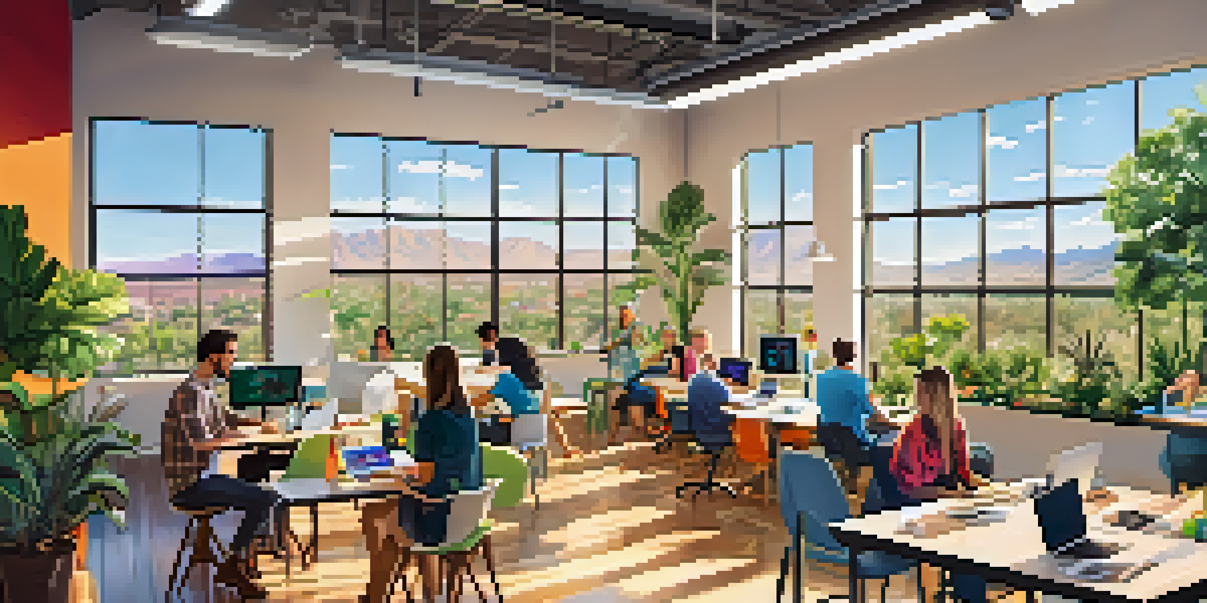 A bright and spacious startup incubator in Tucson with entrepreneurs working together in an open workspace, surrounded by plants and large windows.