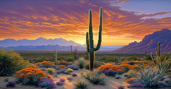 A picturesque sunset over the Sonoran Desert, with colorful sky and various desert plants in the foreground.