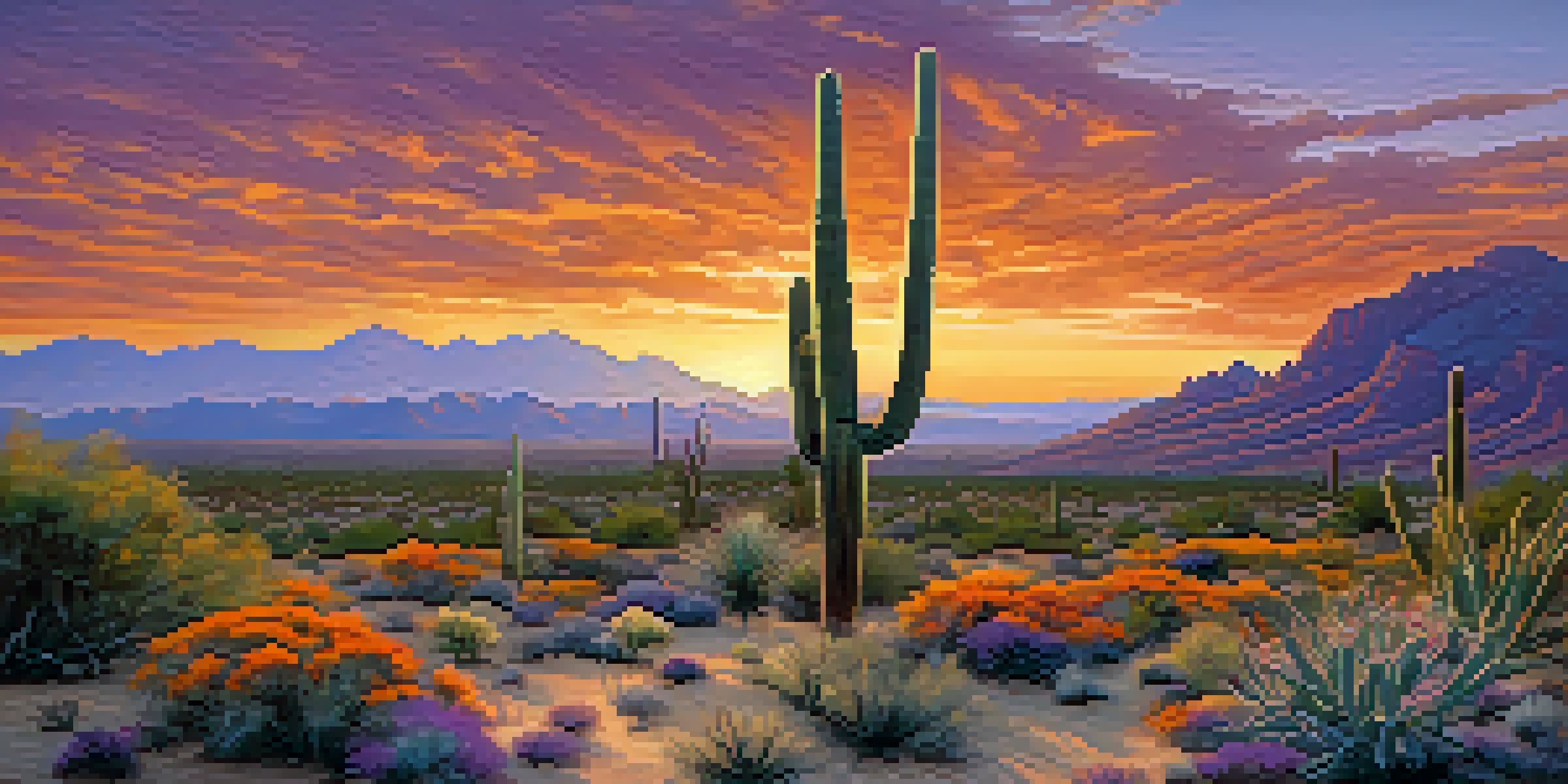 A picturesque sunset over the Sonoran Desert, with colorful sky and various desert plants in the foreground.