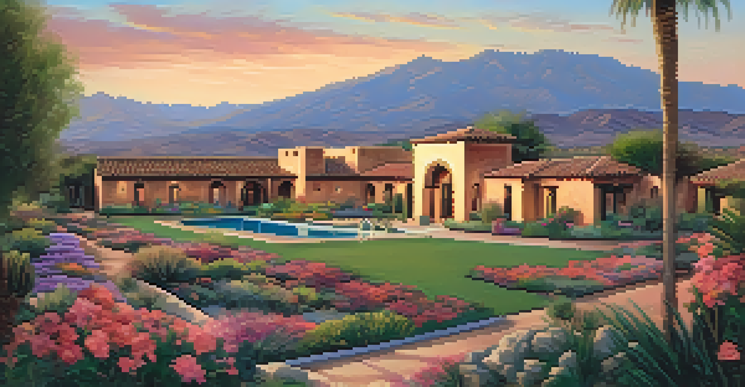Hacienda Del Sol in Tucson, showcasing adobe architecture surrounded by lush gardens during sunset.