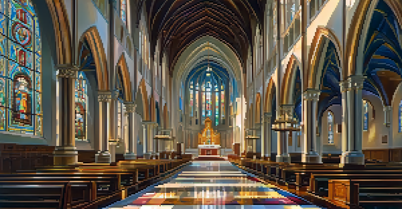 Interior of St. Augustine Cathedral showcasing ornate altars and colorful stained glass windows with sunlight illuminating the space.