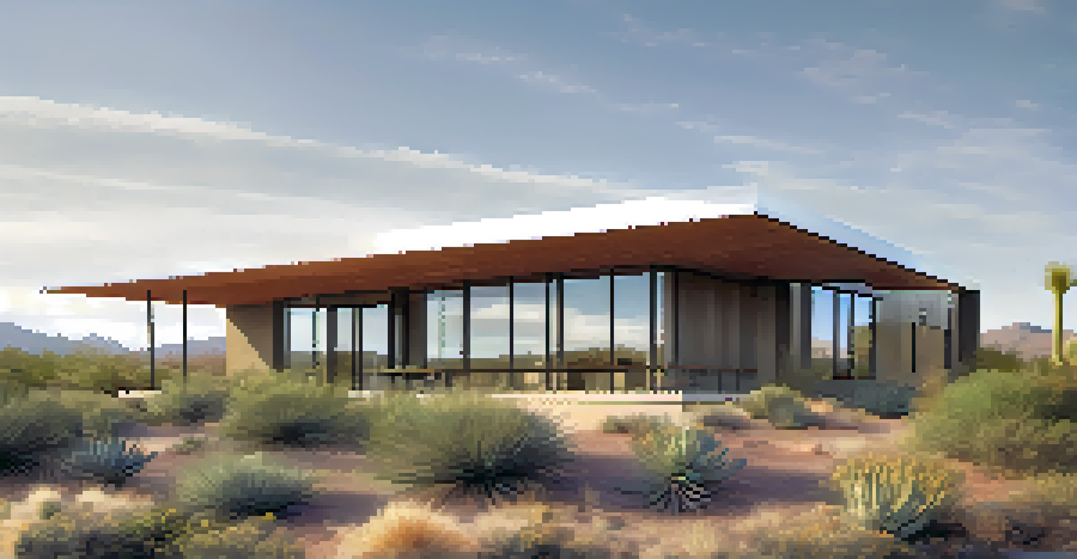 A contemporary eco-friendly building with a green roof and large windows, surrounded by desert plants in Tucson.