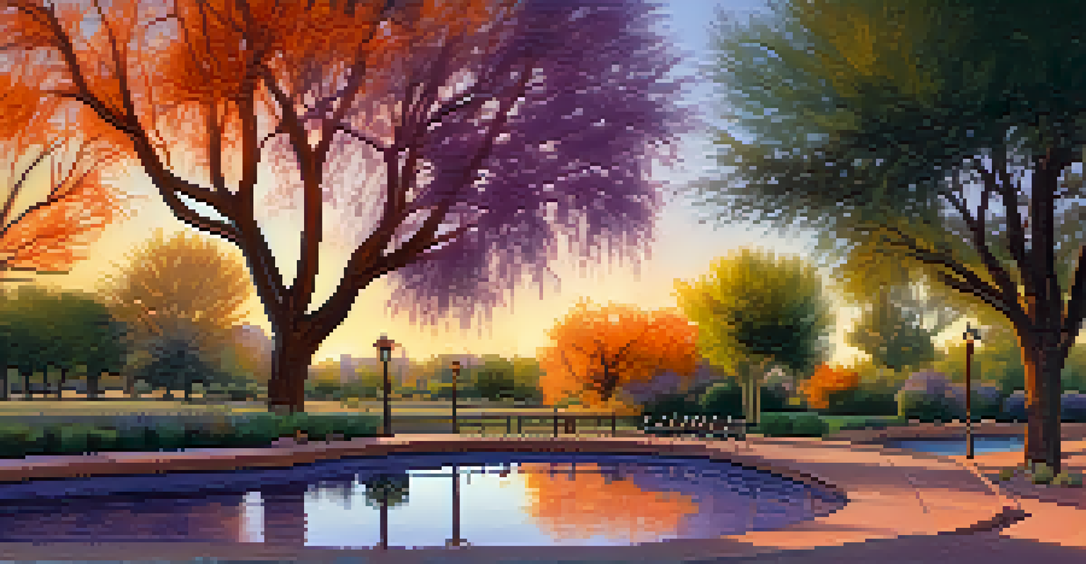 A peaceful park scene at sunset in Tucson, with a pond, trees, and a colorful sky providing a serene atmosphere.