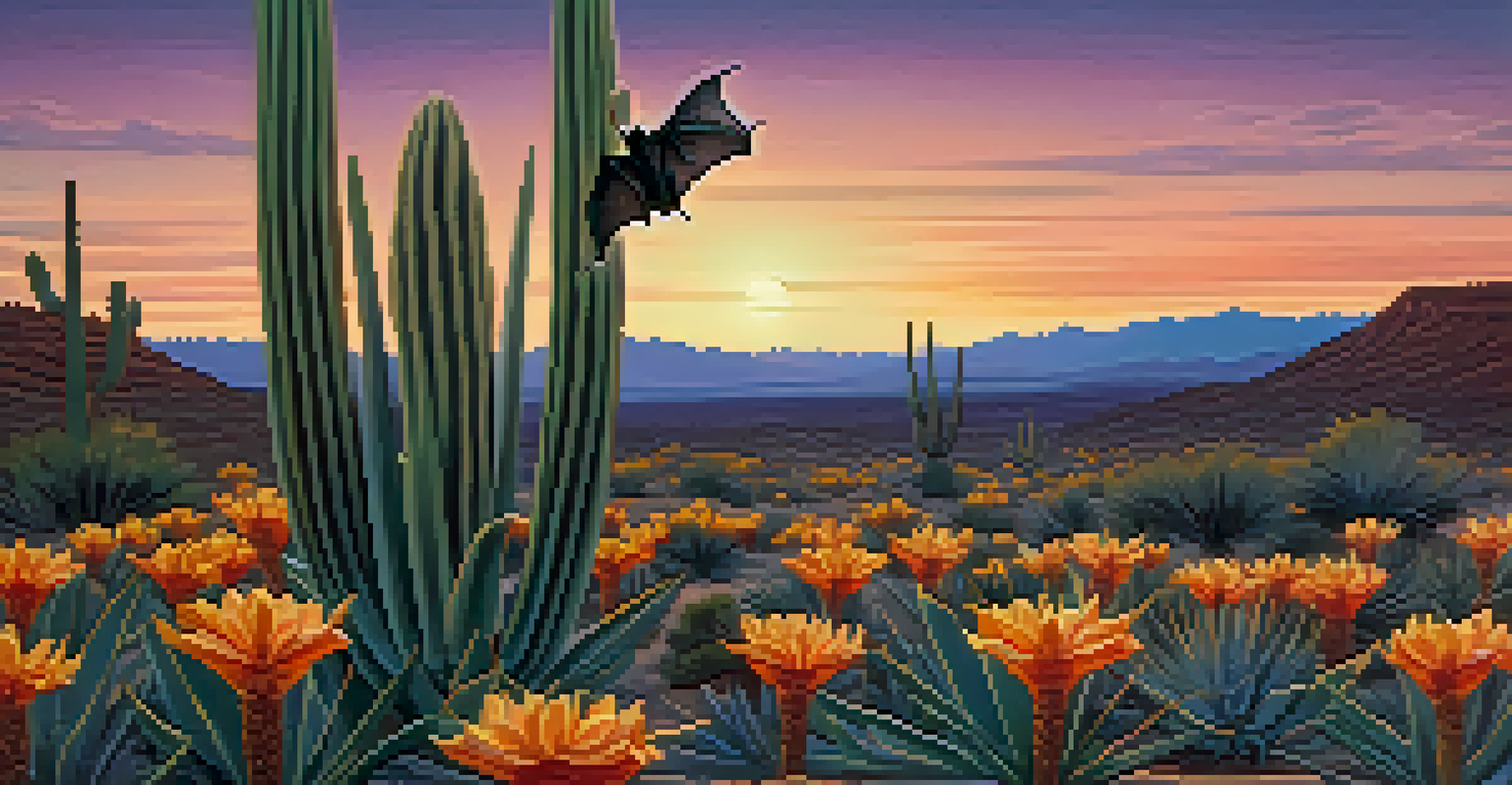 A lesser long-nosed bat hovering near agave flowers against a twilight desert backdrop.