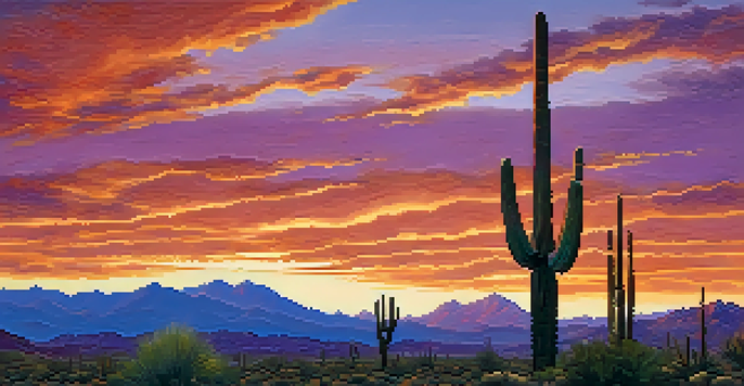 A stunning sunset over the Tucson desert with colorful skies and silhouetted cacti.